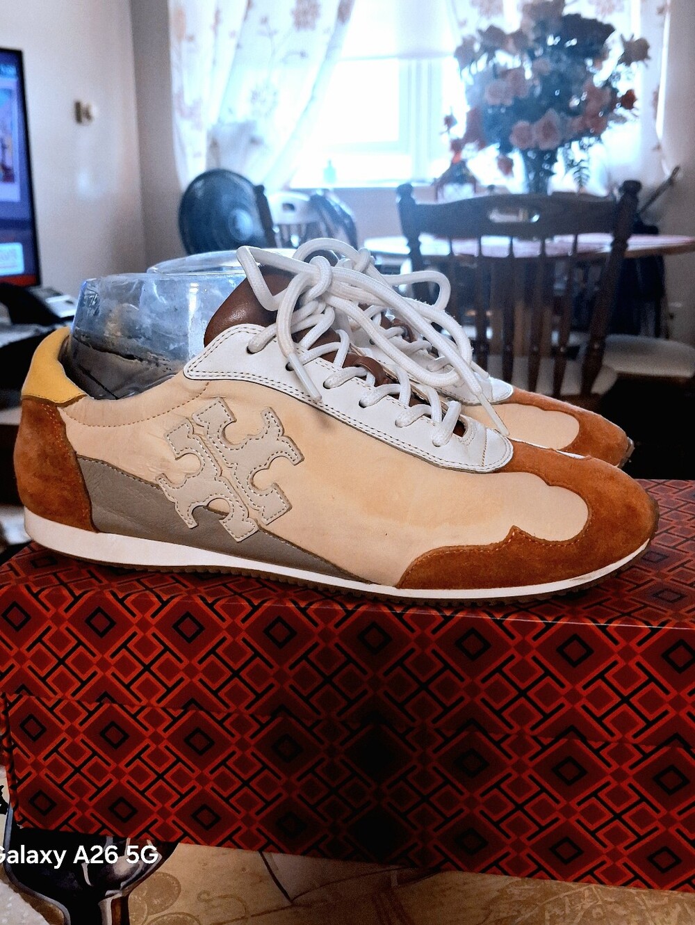 Tory Burch Tan, Brown & White Leather Suede Low-Top Sneaker